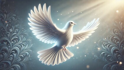 Winged Dove Soaring Gracefully with Luminous Background - Generative AI