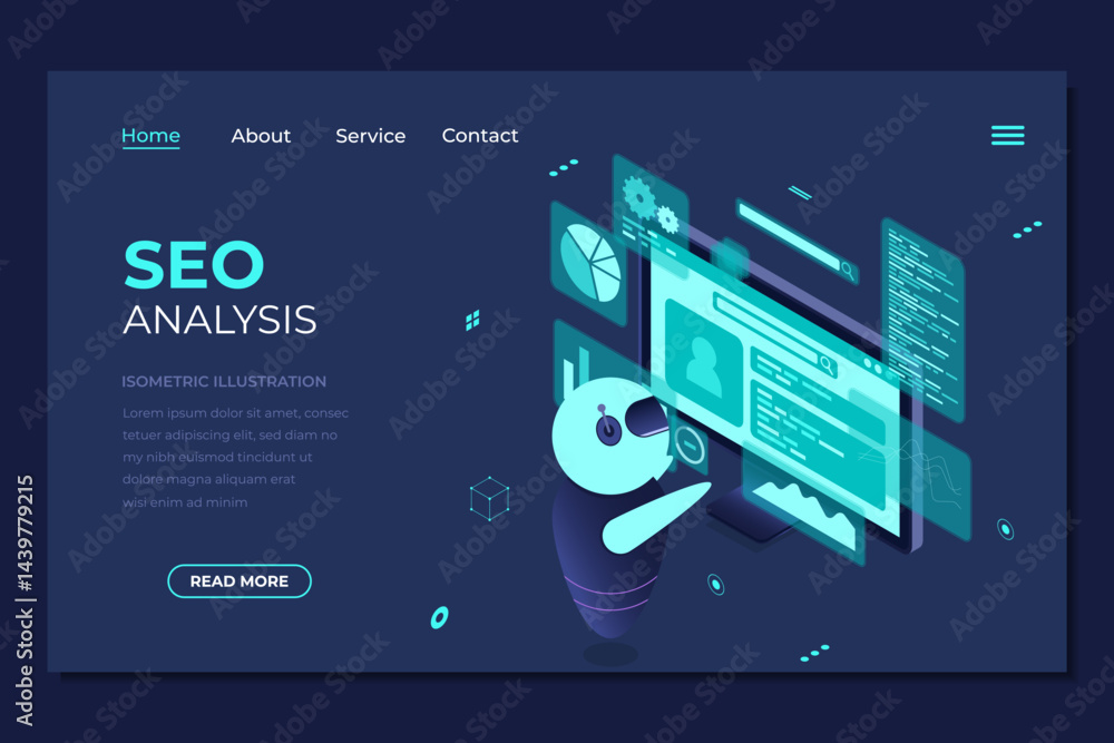Poster isometric seo analysis landing page. search engine optimization analysis concept. digital technology