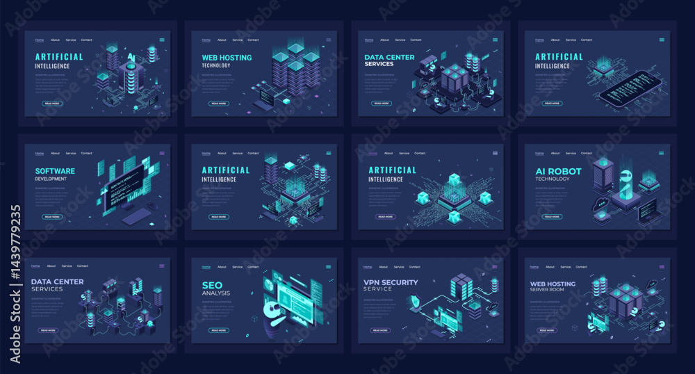 Poster large set of isometric landing page template. modern technology concept for data center, web hosting