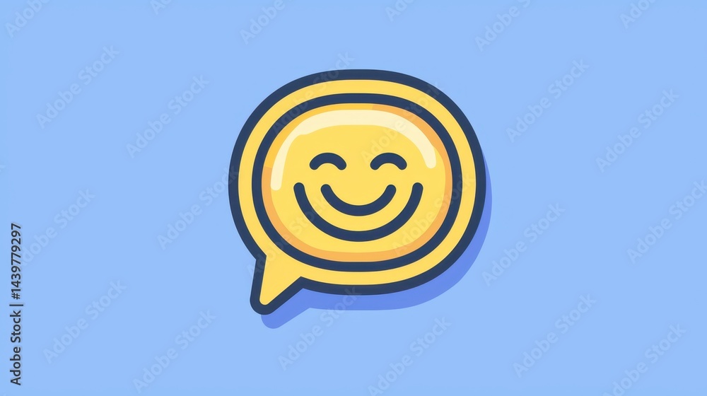 Poster happy speech bubble with smiling face on a blue background representing positive communication and s
