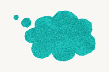 Bright green pastel vintage speech bubble made from wrinkled notebook sheet on white background. Gritty texture dotted halftone and rough torn border.