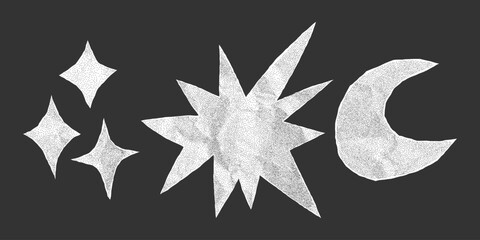 Crumpled paper sticker pack with vintage design and jagged edges. Torn notebook cutouts shaped like funky stars and moon for creative collage and scrapbooking.