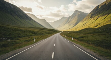 Scenic Mountain Road Through Lush Green Valley at Sunset
