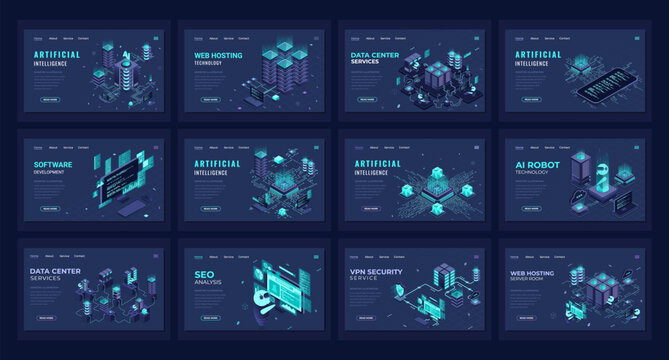 Large set of isometric landing page template. Modern technology concept for data center, web hosting, and artificial intelligence. Isometric technology