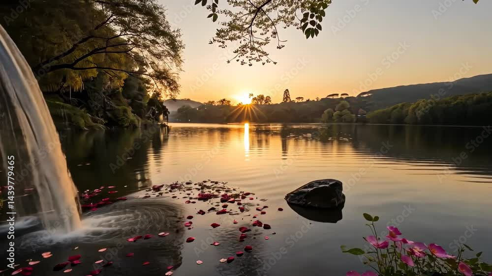 Poster sunset reflections by a tranquil lake with cascading waterfall and floating petals in serene nature 