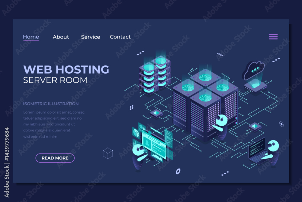Poster Isometric web hosting landing page. Concept of server hosting. Online computing technology. Digital technology website landing page. Isometric technology