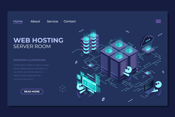 Isometric web hosting landing page. Concept of server hosting. Online computing technology. Digital technology website landing page. Isometric technology