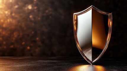 This image features a polished golden shield reflecting light against a dark textured backdrop, emphasizing strength, protection, and elegance in design and color contrast.