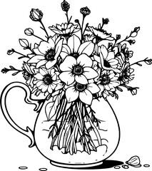 Anemone Flowers in a Pitcher with Honey Colored Liquid, Black and White Line Art Design
