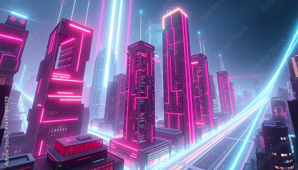 Poster pixelated futuristic cityscape with neon light trails and towering structures in shades of pink and 