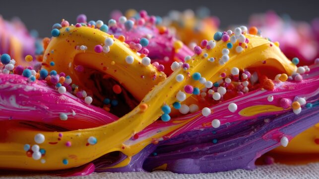 Colorful, Swirled Slime with Glitter and Small Decorative Beads on a White Surface
