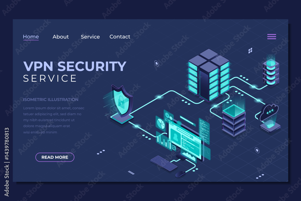 Poster isometric vpn security landing page. cyber security. digital technology website landing page. isomet