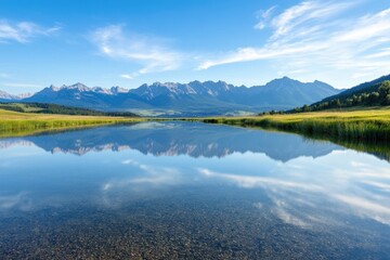 Mountains reflected in calm water landscape