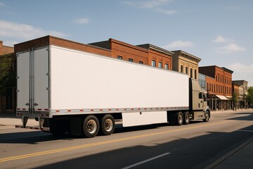 White truck trailer mockup on city street, rear view back-side grey