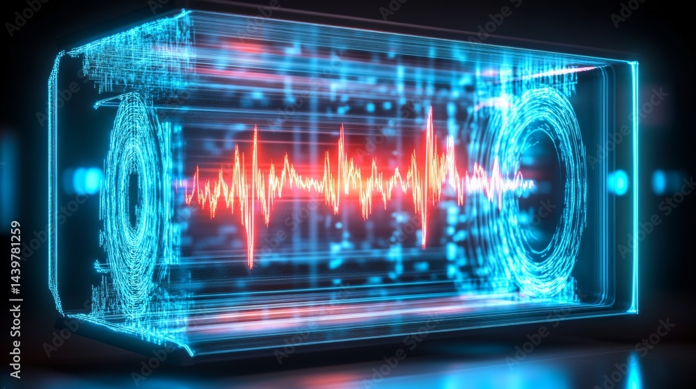 Poster visualization of sound wave interference in a holographic display within a modern laboratory setting