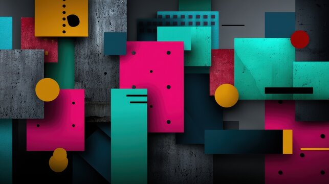 Abstract Geometric Composition with Vibrant Colors and Various Shapes on Concrete Background