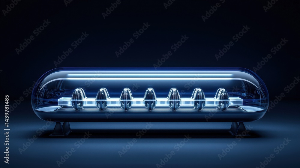 Poster modern futuristic design of a sleek transparent object illuminated in blue light inside a dark setti