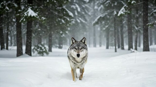 Grey Wolf Walking Through Snowy Winter Forest
