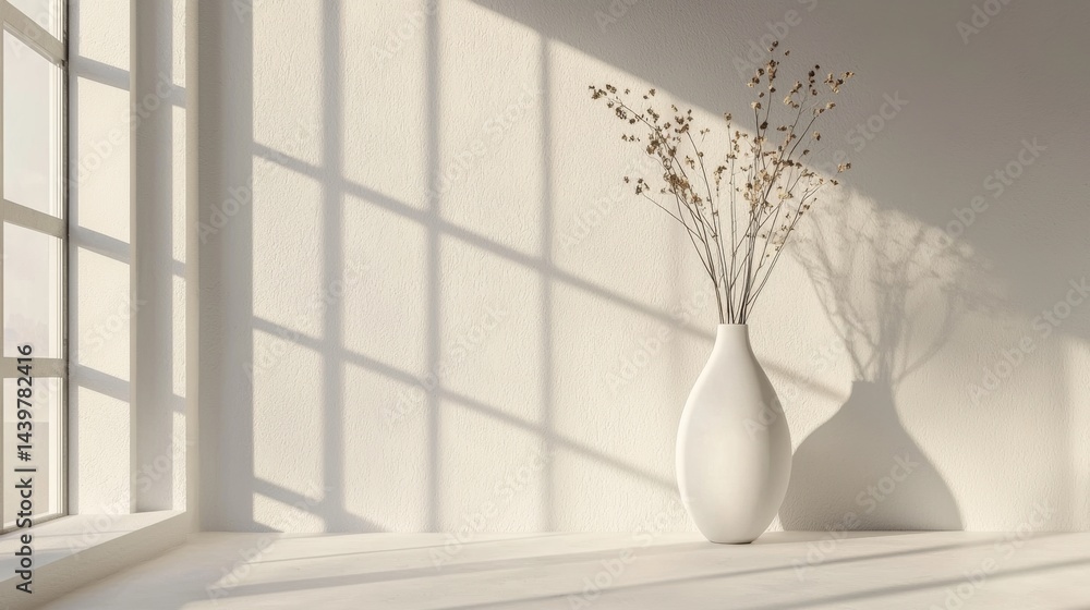 Poster soft sunlight filters through a window illuminating a minimalist interior with a vase and dried flow