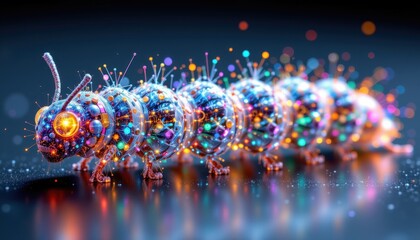 holographic caterpillar made entirely of shimmering particles, representing futuristic digital life and surreal artistry.