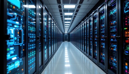 Fototapeta premium long modern hallway lined with rows of high tech servers, glowing lights emphasizing the power and energy of data centers.