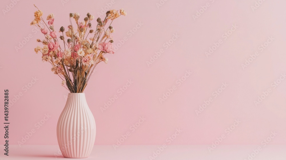 Poster elegant dried flowers in a textured vase against a soft pink background create a serene floral displ