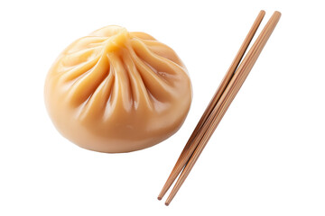 Traditional steamed Chinese bao bun with wooden chopsticks isolated on white transparent background, representing Asian cuisine and culinary culture