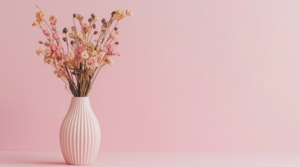 Elegant dried flowers in a textured vase against a soft pink background create a serene floral display in a minimalist setting