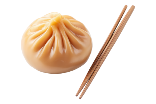 Traditional steamed Chinese bao bun with wooden chopsticks isolated on white transparent background, representing Asian cuisine and culinary culture