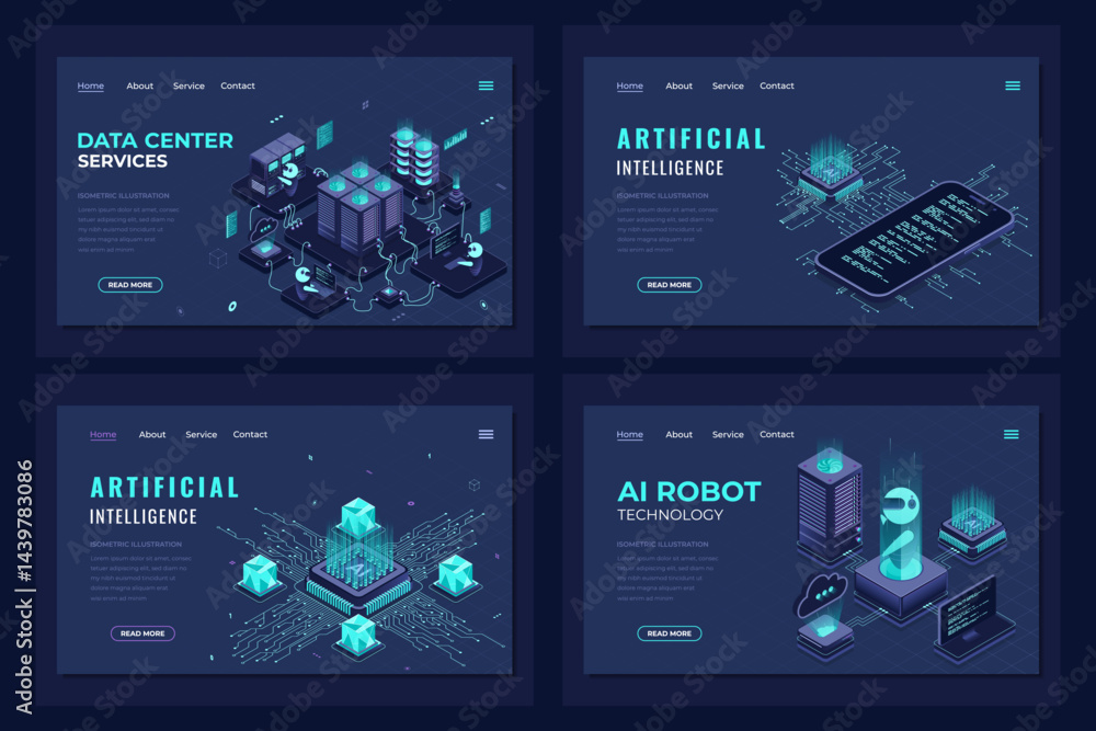Poster set of isometric landing page template. modern technology concept for data center, ai robot, and art