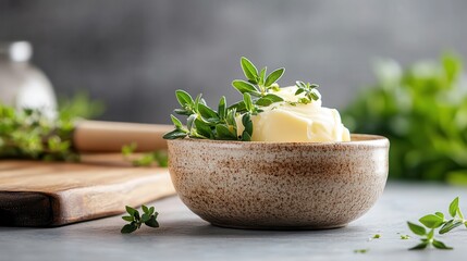 A rustic bowl filled with creamy butter and fresh green herbs, set on a wooden table, highlights the beautiful harmony of flavors and natural ingredients.