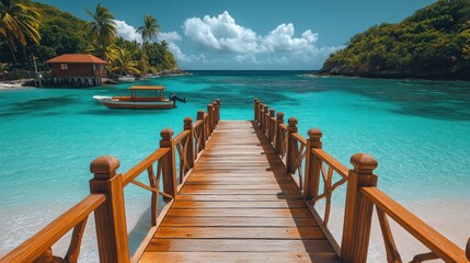 Obraz premium Tropical beach dock walkway to turquoise sea with island hut background