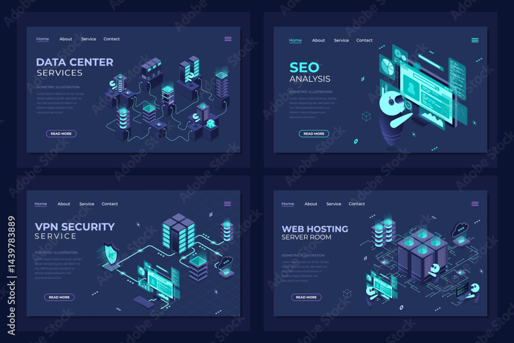Poster set of isometric landing page template. modern technology concept for data center, web hosting, vpn 