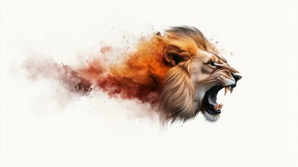 Watercolor painting of a roaring lion, its golden mane dissolving into the background on an absolutely white background.