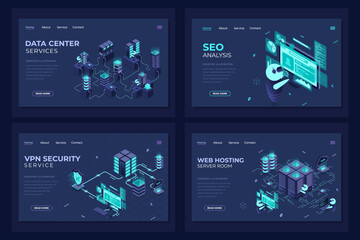 Set of isometric landing page template. Modern technology concept for data center, web hosting, VPN security, and seo analysis. Isometric technology