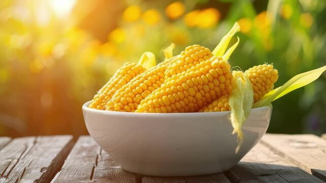 corn in a white bowl on a wooden table. Selective focus