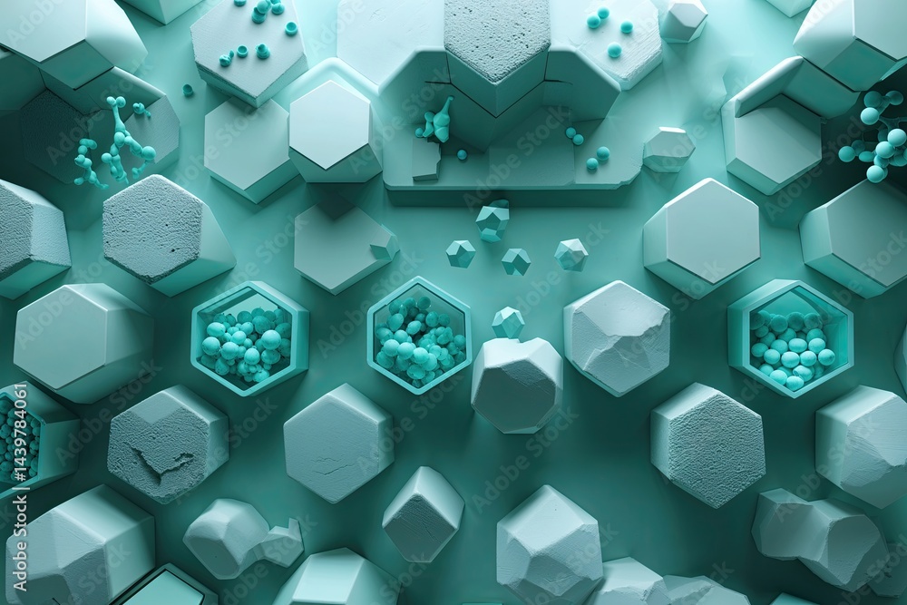 Poster hexagonal patterns in calm aqua background for abstract healthcare technology and molecular graphics
