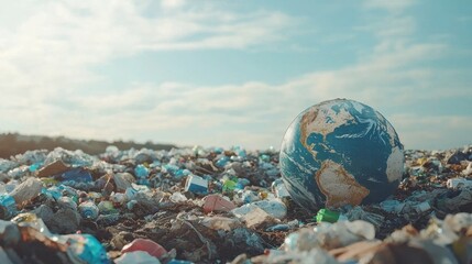 Planet Earth surrounded by piles of plastic waste in a polluted environment