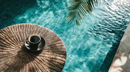 Obraz premium Poolside coffee, wooden table, tropical vibe