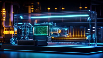 Obraz premium Minimalistic laboratory showcases futuristic technology with holograms and cool lighting