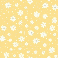 Cheerful Yellow Floral Pattern with White Daisies and Polka Dots.