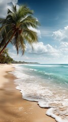 Fototapeta premium Serene Tropical Beach Scene Palm Trees, Azure Ocean, and Soft Sand