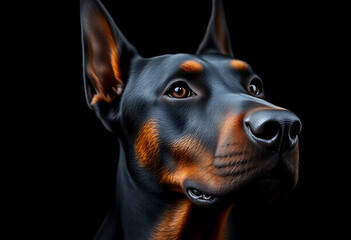 close up of a dog's face on a black background