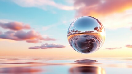 A mesmerizing floating orb captures the serene sunset landscape, showcasing vivid colors and reflections, symbolizing harmony between nature and abstract art within stillness.