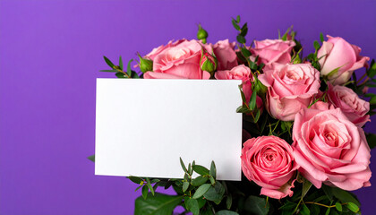 Bouquet of pink roses with vibrant greenery, blank white note card, purple backdrop. Fresh flowers