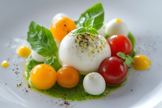 Delicious deconstructed caprese salad featuring creamy burrata cheese, colorful cherry tomatoes, fresh basil, and a vibrant pesto sauce