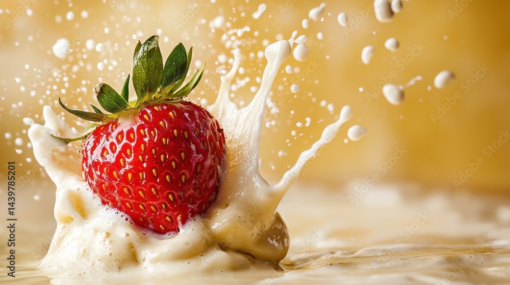 Aufkleber fresh strawberry splashes into cream creating a delightful mixture in a kitchen setting