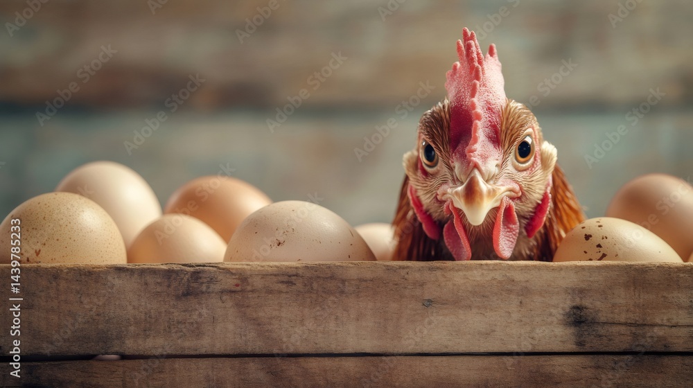 Poster brown hen peering curiously over a collection of fresh eggs nestled in a rustic wooden crate, captur