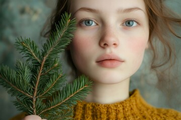 Young girl with serene expression holding a spruce branch, showcasing natural beauty and simplicity against a textured background