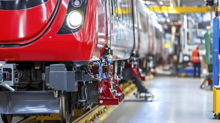 modern train factory showcasing advanced technology and precision in manufacturing, highlighting vibrant red train